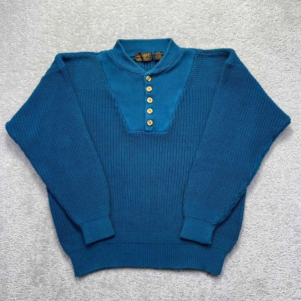 VINTAGE Eddie Bauer Sweater Mens Large Teal Blue Cotton Henley Shaker Knit Cabin